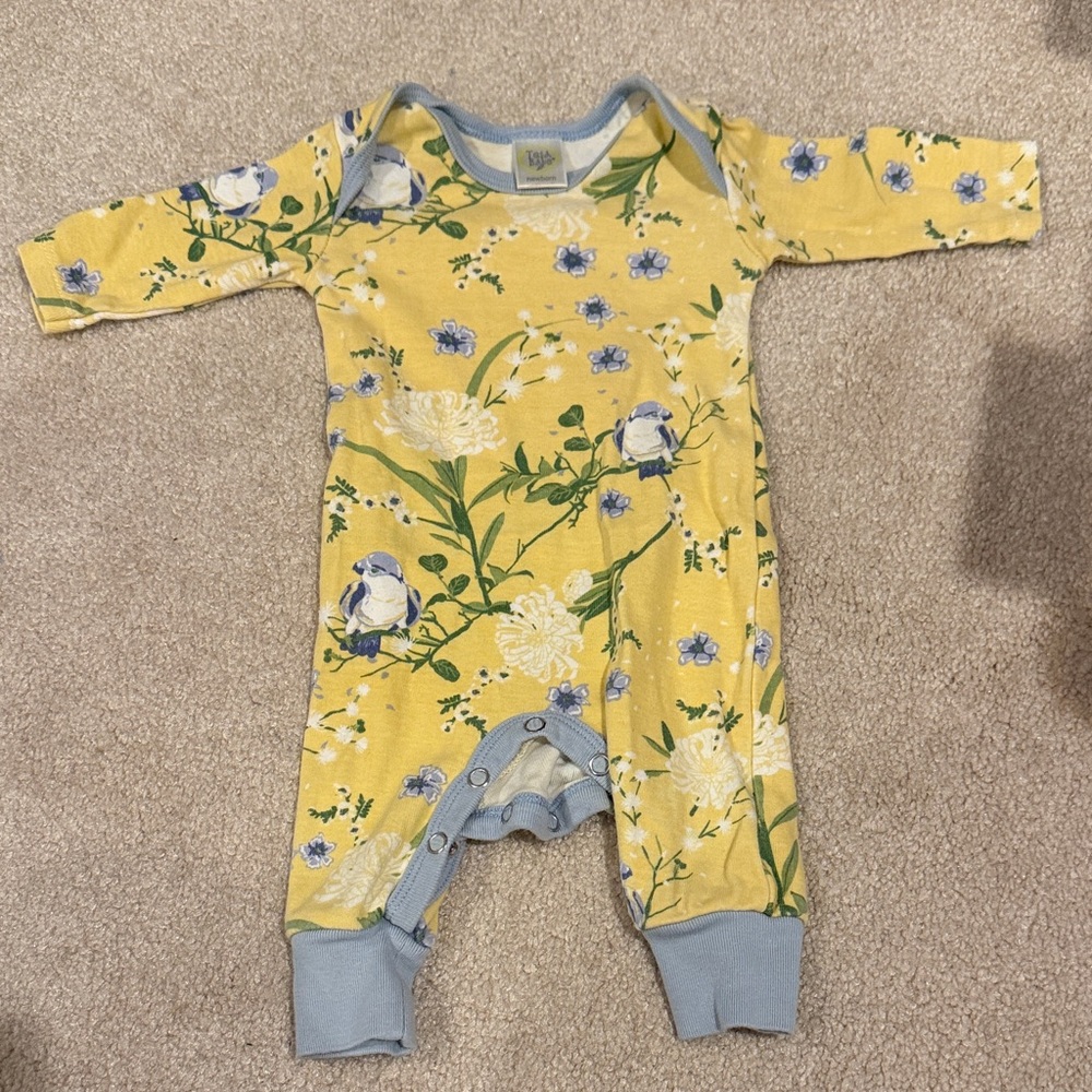 Yellow Floral & Bird Long-Sleeve Baby Bodysuit with Blue Trim